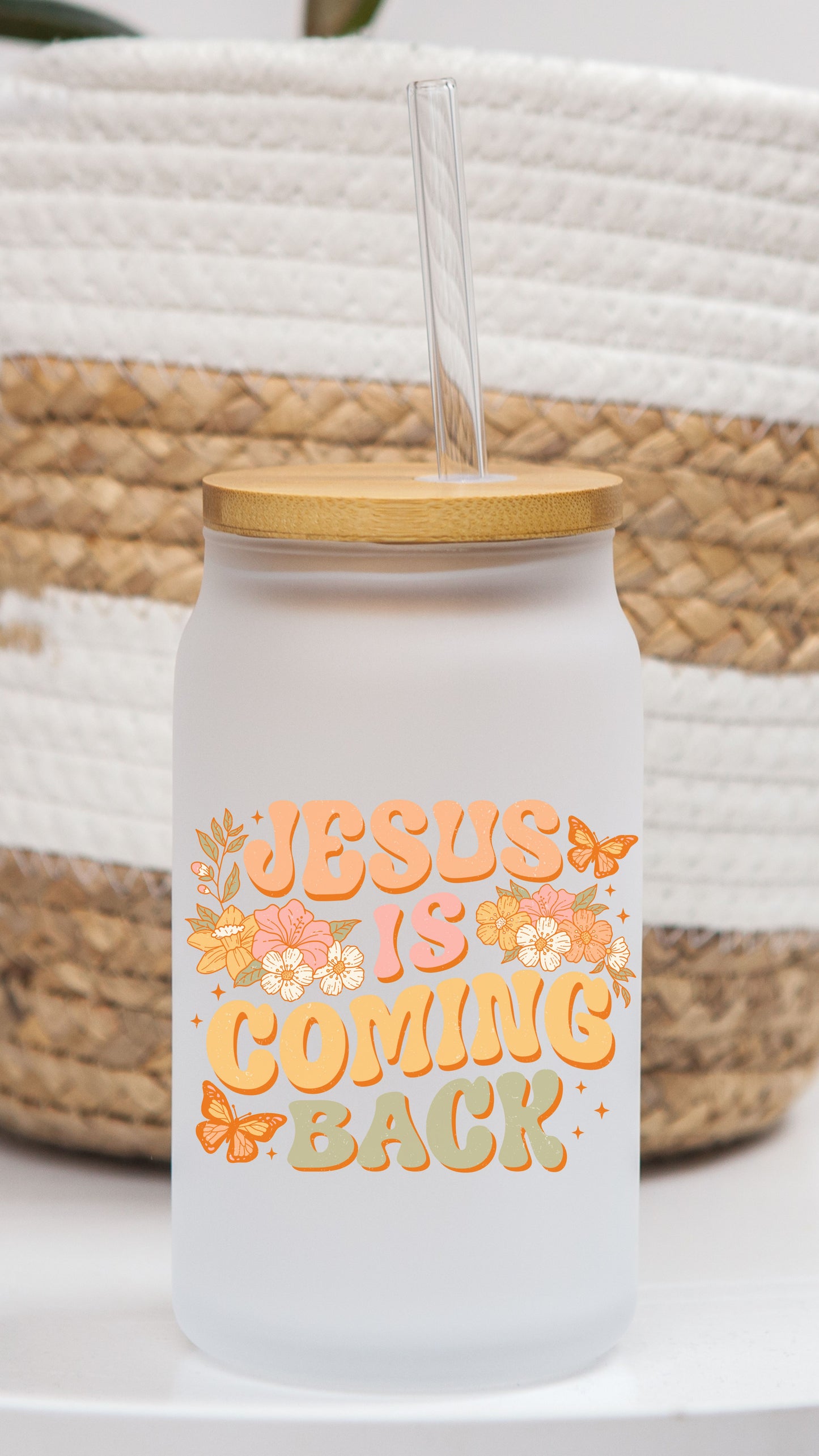 16 oz Frosted Glass Can | Boho Christian (13 Options)