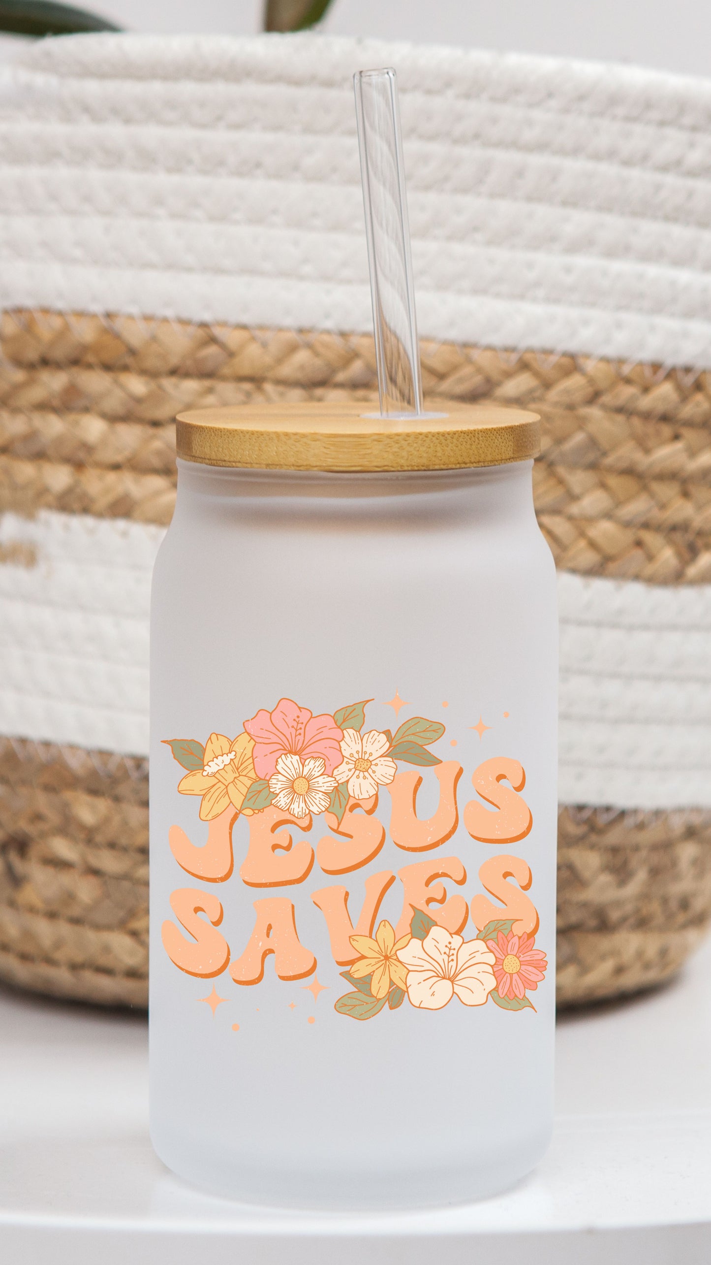 16 oz Frosted Glass Can | Boho Christian (13 Options)