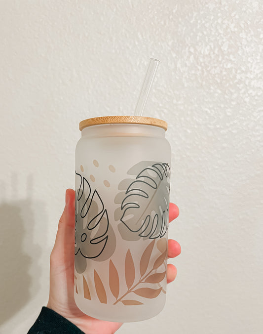 16oz Frosted Glass Can | Boho Greenery