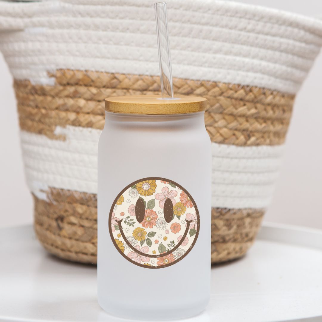 16 oz frosted glass can | Retro Smiley (3 options)