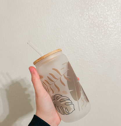 16oz Frosted Glass Can | Boho Greenery