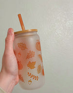 Fall Doodles Glass Can with lid and straw