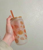 Fall Doodles Glass Can with lid and straw